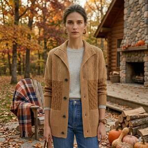Mixed Cable Knit Colorblock Cardigan Tan Brown Button Front Fits Size L Boho